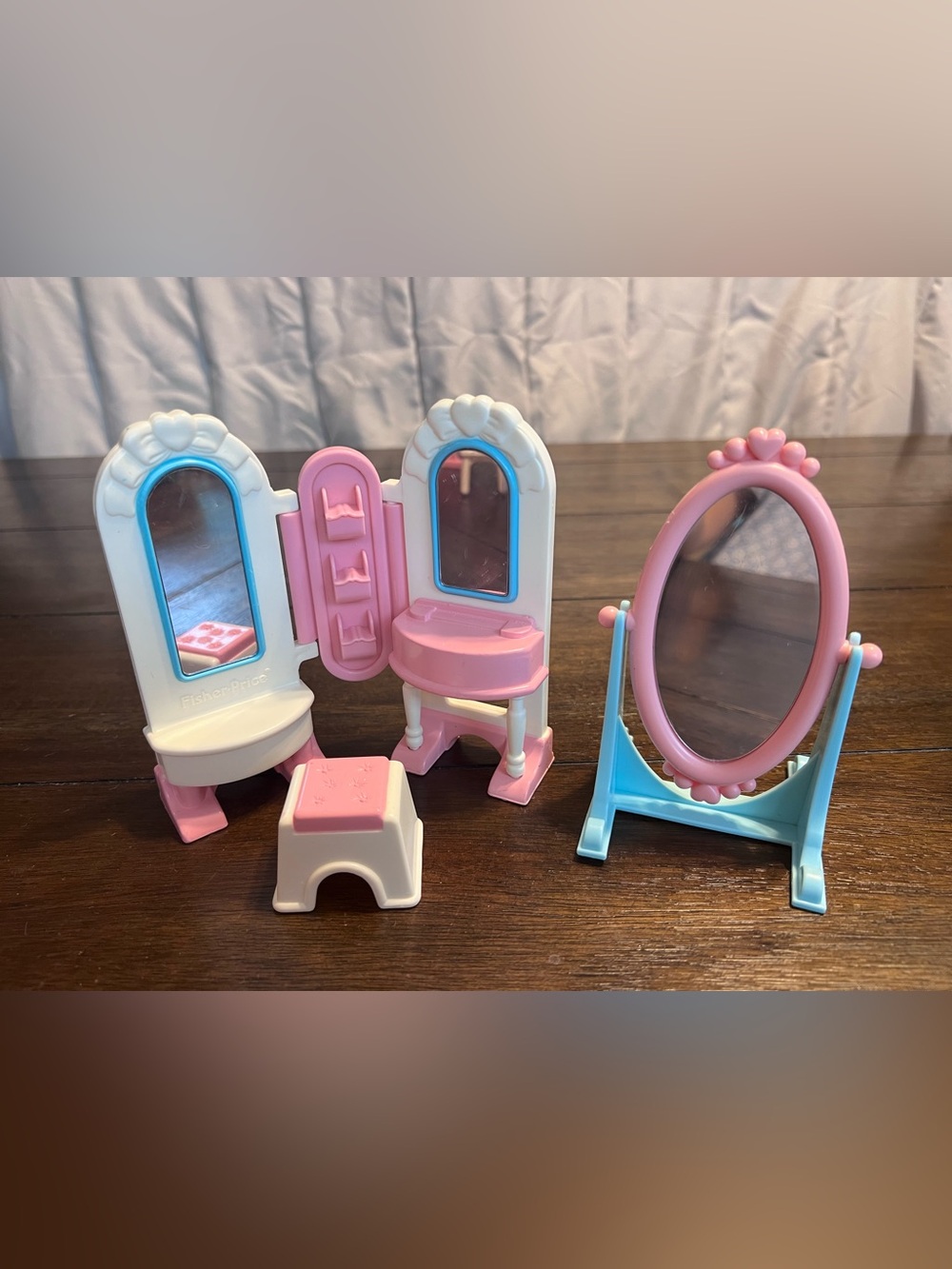 Vintage Fisher Price Loving Family Dollhouse Vanity, Stool and Mirror Set